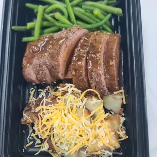 meat, green beans, and cheese