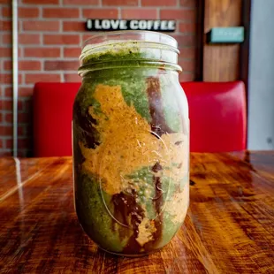 Reuben Smoothie (Spinach, Kale, Nutty Peanut Butter, Chocolate Syrup and Crush Espresso beans.)  Oh So Good!