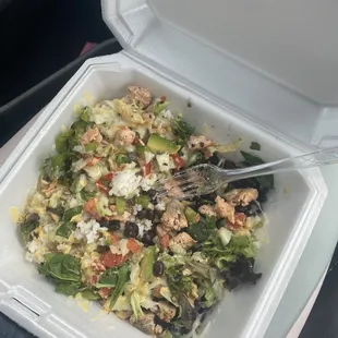 Ultimate Bowl with Salmon (half eaten, huge portions!)