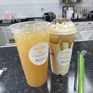 two drinks on a kitchen counter