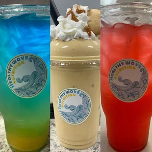 Sunset Surfer, Orange Dreamsicle (added whip, caramel and vanilla wafer) and Beach Bum