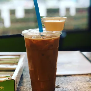 Protein iced coffee &amp; donut hole shot