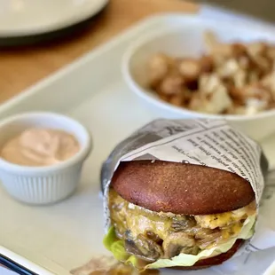 Burger , grass fed (friend said it was delicious), With a side of flavor cauliflower
