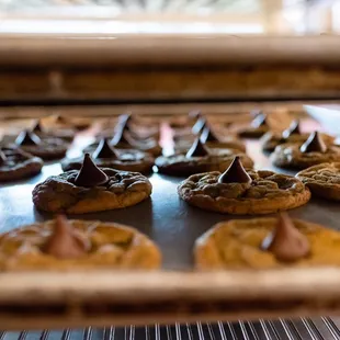 a close up of a baking tray of cookies