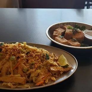 Tofu pad thai and crispy tofu. FYI chili sauce they will give you as an option is VERY HOT.
