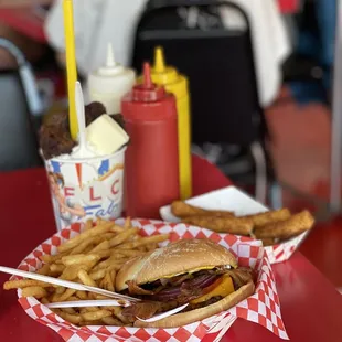 Single Bypass Burger, mozzarella sticks, vanilla milkshake