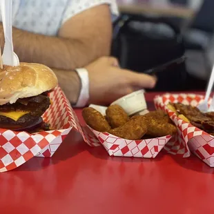 Double cheeseburger, jalapeño poppers, and loaded fries