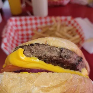 a cheeseburger and fries