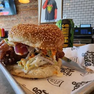 Lenten Perch Fish Sandwich. It's PERFECT! The lemon garlic slaw, pickled red onion, and black cap hot sauce are amazing compliments.