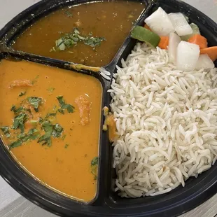 Combo meal: Lamb Curry (top left), Chicken Tikka Masala (bottom left), Rice (right)