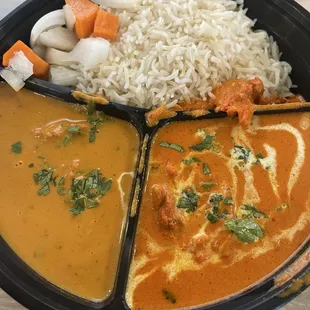 Combo meal: Rice (top), Chicken Tikka Masala (bottom left), Butter Chicken (bottom right)