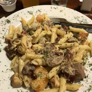 a plate of pasta and meat