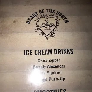 a menu for ice cream drinks