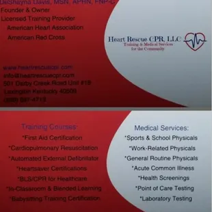 We offer a variety of services including emergency First Aid/CPR/AED and affordable medical services for the community.