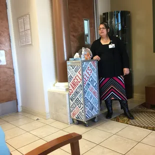 They offer you water and  snacks.