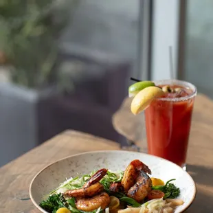 Curried Shrimp &amp; Rice Bowl with coconut rice, snap pea, cherry tomatoes, broccolini, pickled apple  &amp; Thai chili vinaigrette