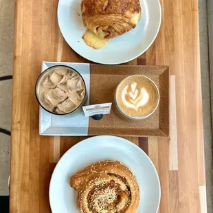 Iced mocha, hot honey cinnamon latte, croissants