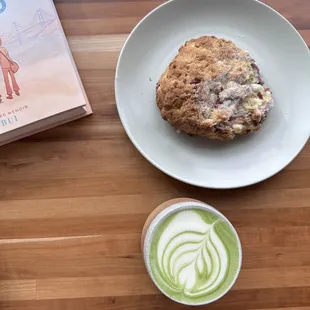 Raspberry White Chocolate Scone and Matcha Latte