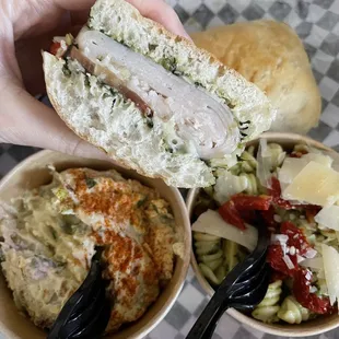 Turkey Artichoke panini with loaded potato salad + pesto pasta salad