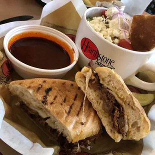 Special Birria panini with juice, salad, drink