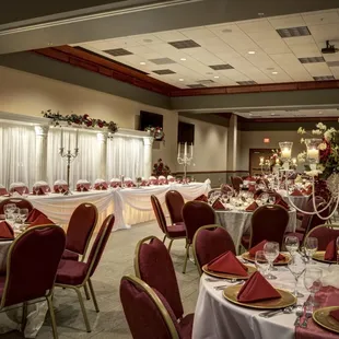 a banquet room set for a wedding reception