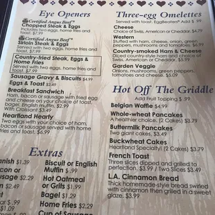 the menu and prices