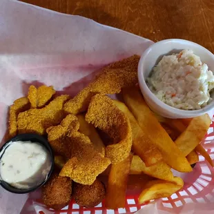 Catfish, fries, hushpuppies, &amp; slaw. Fries were meh, but everything else was great!