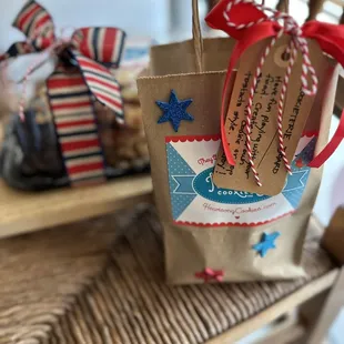 a brown paper bag with red, white, and blue stars