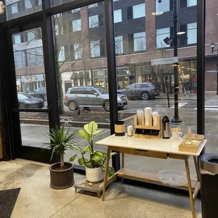 a view of a street through a window