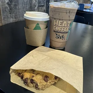 Iced Mocha, hot brewed coffee, and a partially eaten chocolate chip cookie YUM!