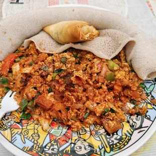 Ethiopian style breakfast &amp;veggie sambosa on side