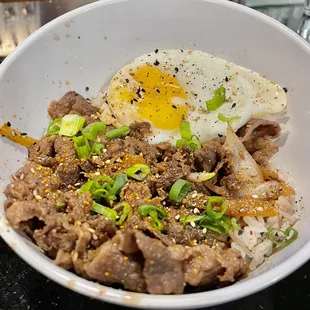 Kobe beef with fried egg over rice
