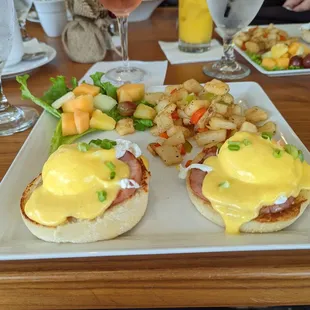 Eggs Benedict with home fries is great