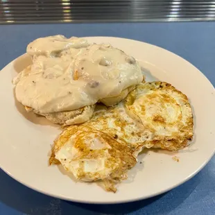My favorite, sausage gravy biscuit with eggs over easy. You will be full if you eat it all.