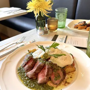 Chimichurri Steak &amp; Eggs | Over Easy Eggs, Roasted Yukon Gold Potatoes, Grilled Sirloin Steak, Tomatoes, Arugula, Chimichurri