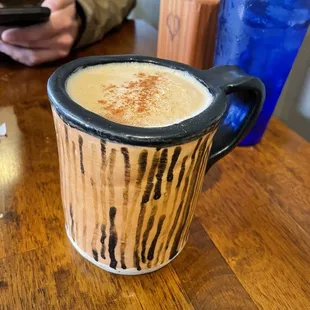 Cinnamon sugar latte - served in a cozy homemade mug!