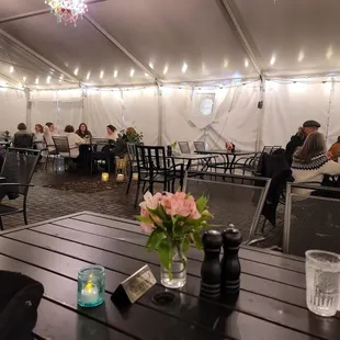 The well-sheltered, heated patio in late winter