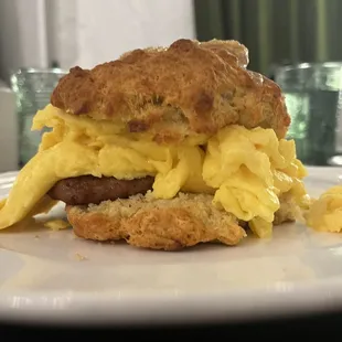 Maple Breakfast biscuit stuffed w sausage and scrambled eggs!