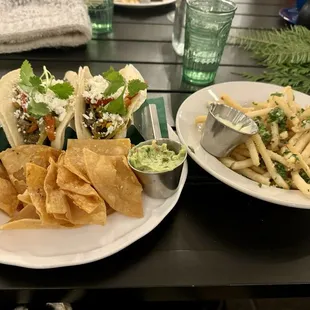 Flank steak tacos and truffle fries