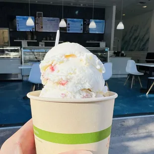 Strawberry cheesecake on top and a scoop of roasted banana (soooo good) hiding underneath.