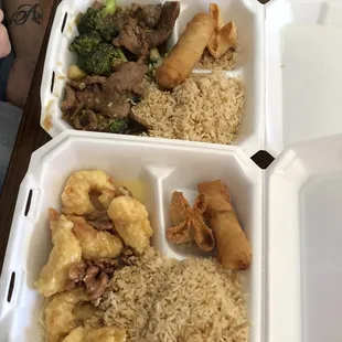 Beef and broccoli, walnut shrimp lunch special
