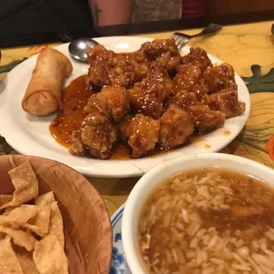 Sesame chicken and hot &amp; sour soup with rice