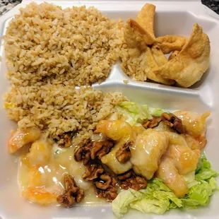 Honey Walnut Shrimp with Fried Rice and Cream Cheese Wontons (lunch)