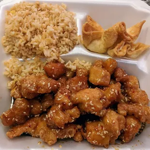 Sesame Chicken with Fried Rice and Cream Cheese Wontons (lunch)