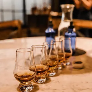 a row of whiskey glasses