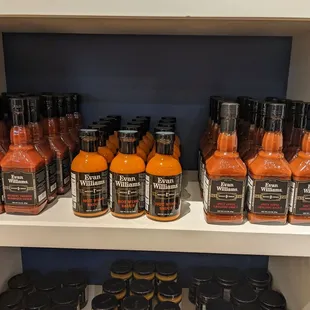 a shelf of hot sauces
