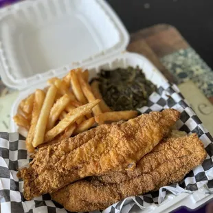 Catfish plate ,collard greens ,rice,French fries fries