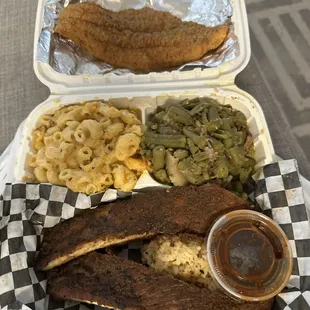 Mixed meat plate, fried catfish, smoked rubes with side of Mac and Cheese and green beans with smoked turkey