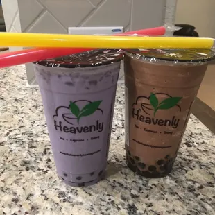 Bubble taro cream tea and snowy banana mud large