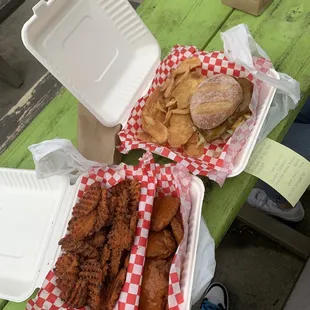 7 Vegan Wings, Sweet Potato Waffle Fries, Fried Chicken Sandwich